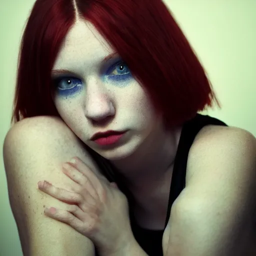 Image similar to photograph, closeup portrait of a young pale woman with short red hair in a dark room, blue eyes, wearing a black tshirt, flash photography, indoor setting, high contrast, sharp, photographed by terry richardson, trending on tumblr,