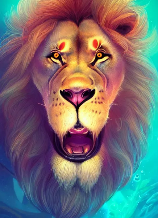 Image similar to award winning beautiful portrait commission of a male furry anthro lion swimming in a beautiful neon bioluminescent sea with beautiful attractive detailed furry face wearing swimmers. Character design by charlie bowater, ross tran, artgerm, and makoto shinkai, detailed, inked, western comic book art