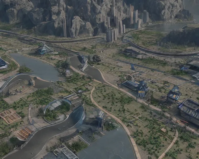 Image similar to artstation scifi map of a small chinese town with the main road in the middle and a river unreal engine 5, hyper realism, realistic shading, cinematic composition, blender render, octane render, hdr, detailed textures, photorealistic, wide shot