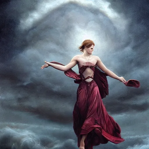 Image similar to emma watson bowing before a hurricane, summoning a storm to wipe louisiana off the map, dramatic sorcery, stormcaller, art by tom bagshaw