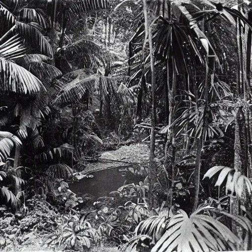 Image similar to a rizom lost film footage of a ( ( ( ( ( ( ( ( object ) ) ) ) ) ) ) ) in the middle of the tropical jungle / tropicalism / tropicalism / tropicalism / film still / cinematic / enhanced / 1 9 2 0 s / black and white / grain