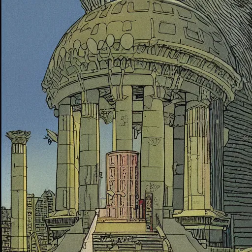 Prompt: Moebius illustrations of antic temple,