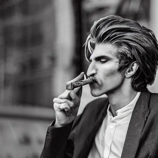 Image similar to a closeup photo of handsome gigachad xqc smoking a cigar