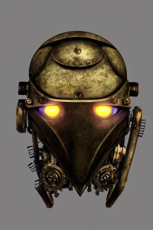 Image similar to steampunk mask minimalist fantasy art robot ninja helmet, global illumination ray tracing hdr fanart arstation by sung choi and eric pfeiffer and gabriel garza and casper konefal radiating a glowing aura