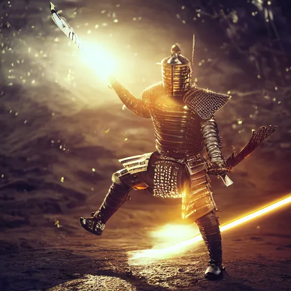 Image similar to advanced metal samurai armor, glowing led, splash art, movie still, cinematic lighting, dramatic, octane render, long lens, shallow depth of field, bokeh, anamorphic lens flare, 8k, hyper detailed, 35mm film grain