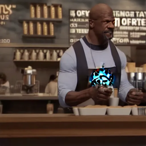 Image similar to Terry Crews working as a barista in a Starbucks, highly detailed, ultra realistic, 8k, render