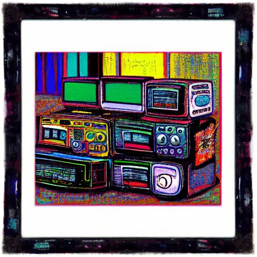 Prompt: array of crt televisions, tv static, blob, technology, antenna, stacked, junkyard, polaroid, steroids, adult video store, impressionist painting, painting, acrylic painting, cell shaded, by andy warhol