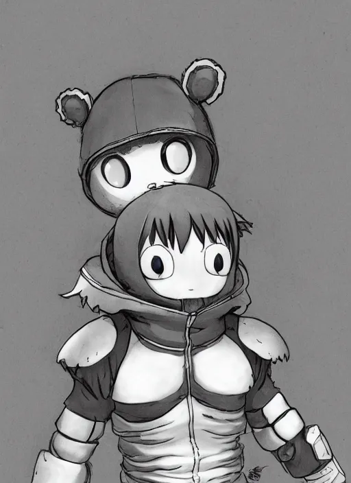 Image similar to beautiful little boy wearing an cyborg bear suit, artwork in kentaro miura and made in abyss and rosdraws and codename : kids next door, smooth, beautiful lightness, anatomically correct, trending on pixiv, forest