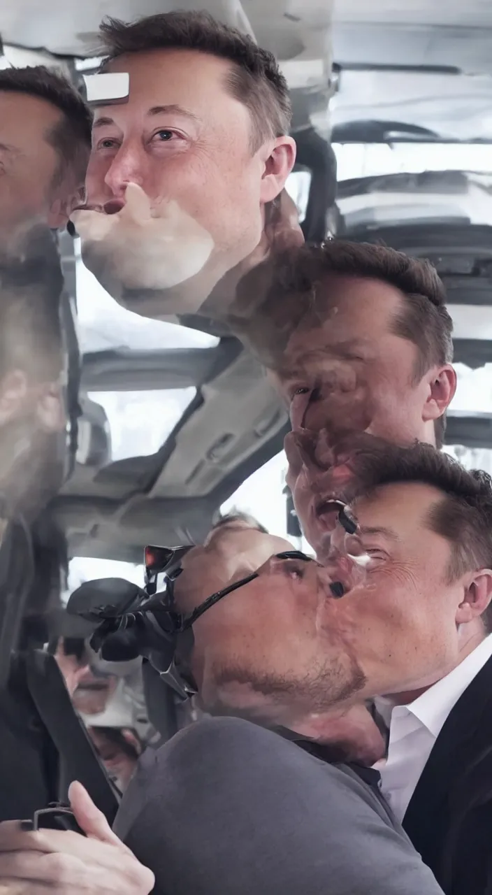 Image similar to elon musk making out with donald trump in the backseat of a tesla cybertruck. cinematic 8 k, depth of field.