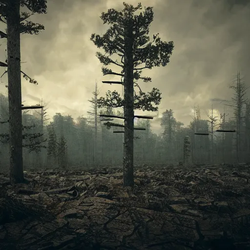 Image similar to dystopian landscape, desolate, tall grim trees. photograph, octane render