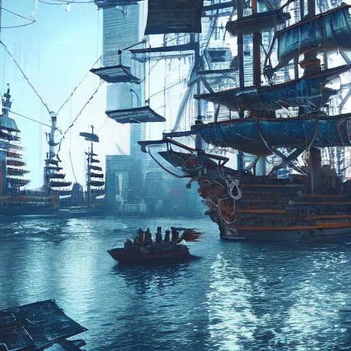 Image similar to high quality photo of a pirate ship in a cyberpunk cyberpunk cyberpunk city, realism, 8k, award winning photo