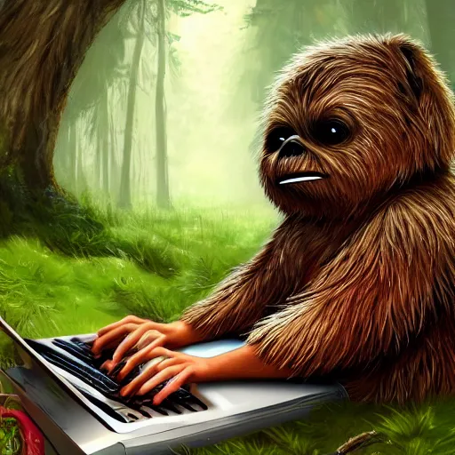 Image similar to studious ewok typing on a computer in the forest, artstation, colorful