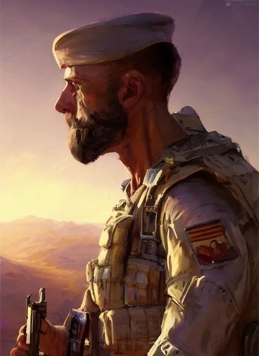 Image similar to purple scene lighting, detailed character portrait concept art, white male, strong muscular mature, soldier with beard, short hair, in a soldier uniform, desert with city in the background, sharp focus, illustration, highly detailed, digital painting, concept art, matte, art by wlop and artgerm and greg rutkowski, masterpiece