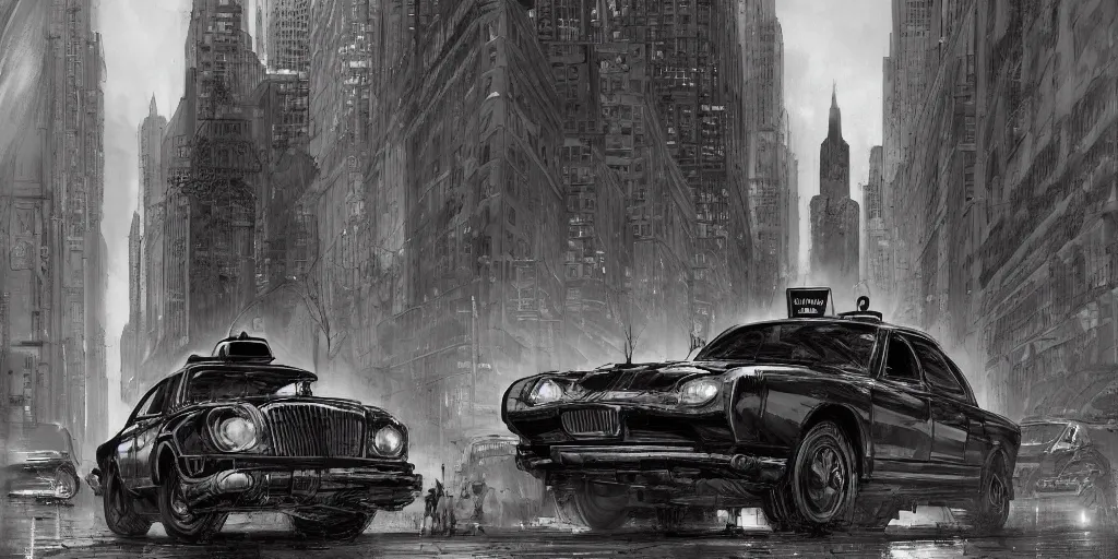 Image similar to cartoonish taxi through the streets of chicago, night time, noir film, character sheet, fine details, concept design, contrast, kim jung gi, greg rutkowski, trending on artstation, 8 k, full body, turnaround, front view, back view, ultra wide angle