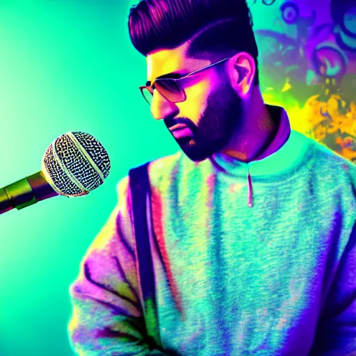 Prompt: beautiful Pakistani man raps into microphone, hip hop vaporwave, abstract background, neon, photo, detailed, 4k