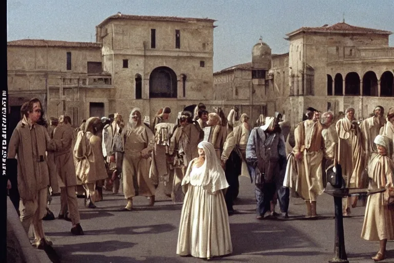 Image similar to a scene from the movie la felicita ( 1 9 7 1 ) by luchino visconti with mastroianni entering a city reminiscent of the ideal city by piero della francesca. technicolor, cinematic, 5 0 mm, highly detailed