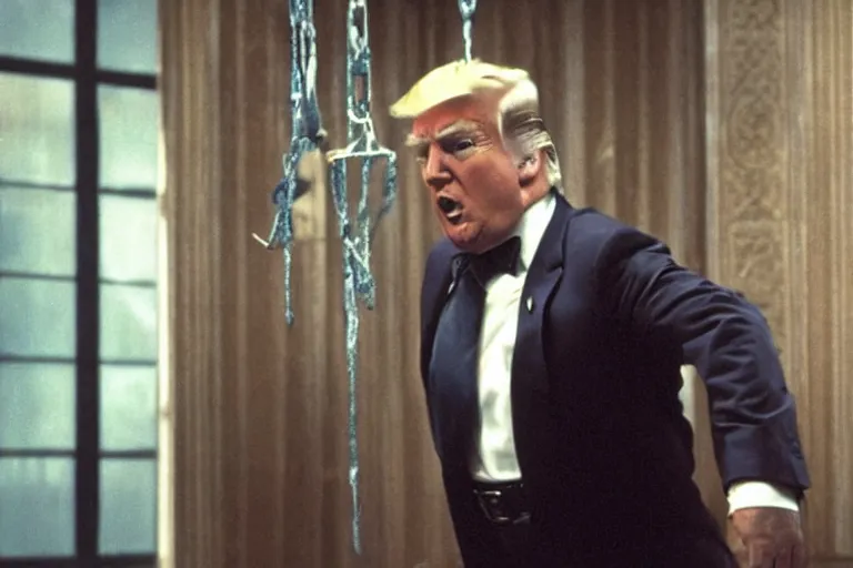 Image similar to movie still of donald trump in mission impossible, hanging from the ceiling, photograph, tv show, cinematic