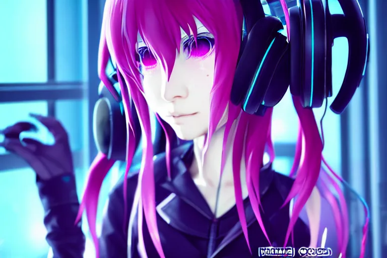 Image similar to hatsune miku with headphones is looking at a rainy window in the style of a code vein character creation, cyberpunk art by Yuumei, cg society contest winner, rayonism light effects and bokeh, daz3d, vaporwave, deviantart hd