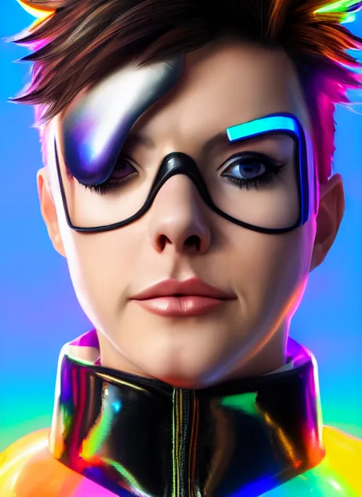 Image similar to hyperrealistic style portrait of tracer overwatch, confident pose, wearing black iridescent rainbow latex, rainbow, neon, 4 k, expressive happy smug expression, makeup, in style of mark arian, wearing detailed black leather collar, wearing sleek armor, black leather harness, expressive detailed face and eyes,