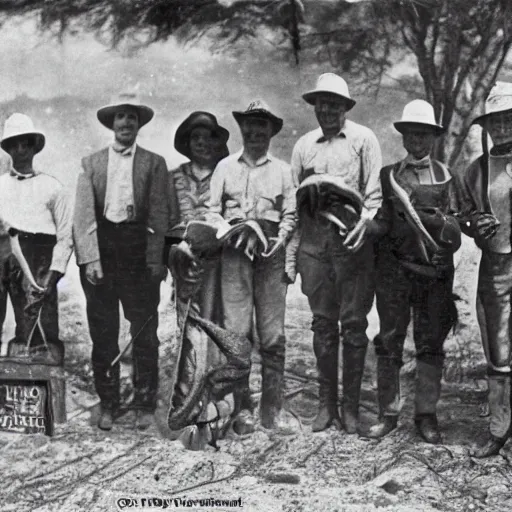 Prompt: a photo from the 1930\'s of hunters showing off their catch, a velociraptor.