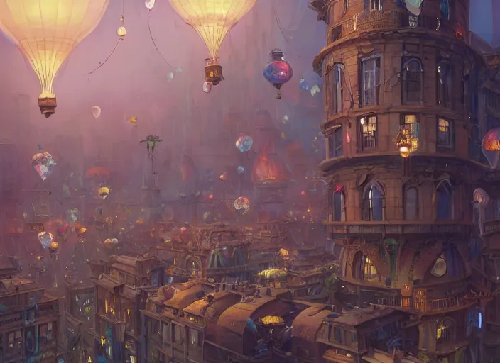 Image similar to a flying steampunk city, ballons, unreal engine, fantasy art by greg, loish, rhads, ferdinand knab, tom bagshaw, makoto shinkai and lois van baarle, rossdraws, ilya kuvshinov, night lighting, trending on studio ghibli, highly detailed, 8 k, octane render