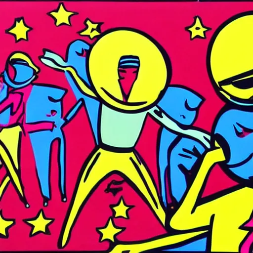 Prompt: pop art style of a riot dancing on the moon