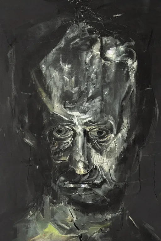 Image similar to menacing portrait of medici emerging from the dark void, figure in the darkness, painted by John Singer Sargant, Adrian Ghenie, Francis Bacon,