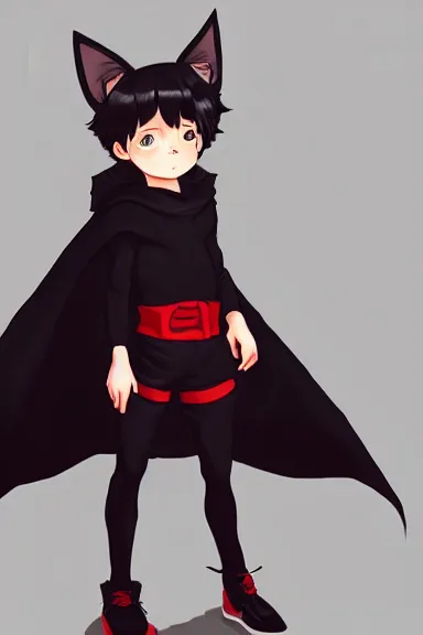 Prompt: little boy with cat ears in an black outfit with red cape. digital artwork made by lois van baarle and kentaro miura and marc simonetti, sharpness focus, inspired by hirohiko araki, anatomically correct, heroic composition, hero pose, smooth, concept art