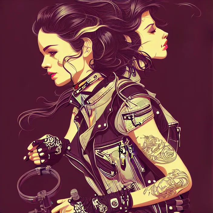 Prompt: female biker illustration, vector art style, medium shot, intricate, elegant, highly detailed, digital art, ffffound, art by jc leyendecker and sachin teng