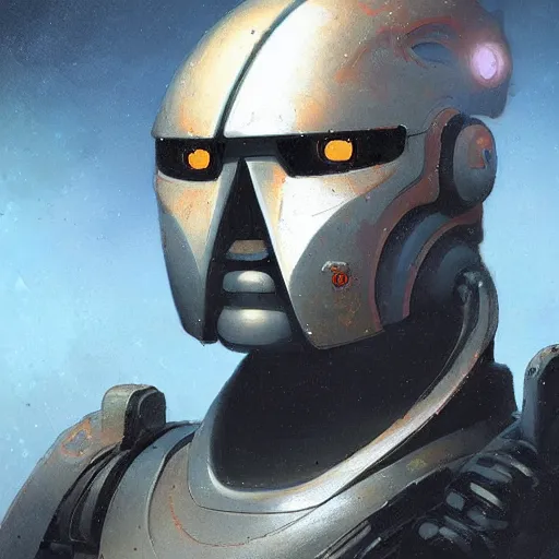 Image similar to portrait of a robot by greg rutkowski in the style of frank frazetta and boris vallejo