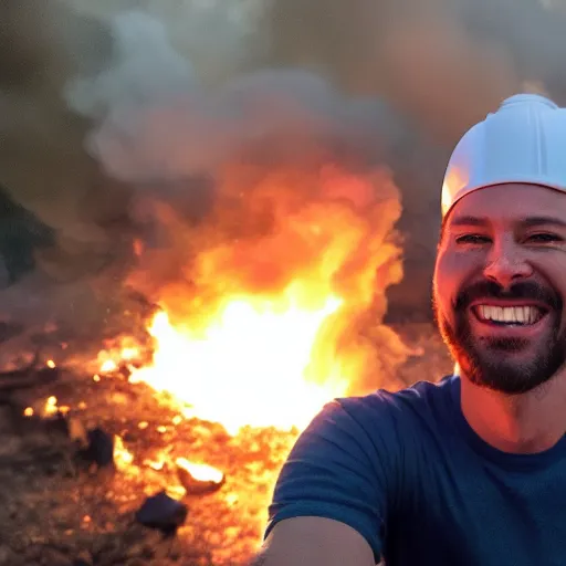 Prompt: a selfie of a guy smiling while fire consumes everything around him