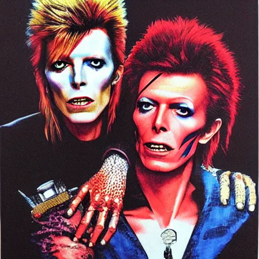 Image similar to david bowie from changes giving a piggy back ride to ziggy stardust. by basil gogos