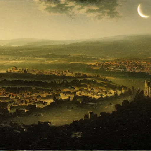 Image similar to dark solar eclipse, above a village, highly detailed, studio 4 k quality, by walter percy day