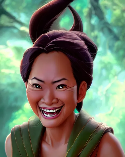 Prompt: laughing heavy - set filipina woman character portrait, by don bluth, sci - fi environment, highly detailed, dynamic shadows, 4 k, wallpaper - 1 0 2 4