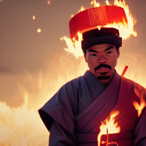 Image similar to cinematic film still of Chance The Rapper starring as a Samurai holding fire, Japanese CGI, VFX, 2022, 40mm lens, shallow depth of field, film photography