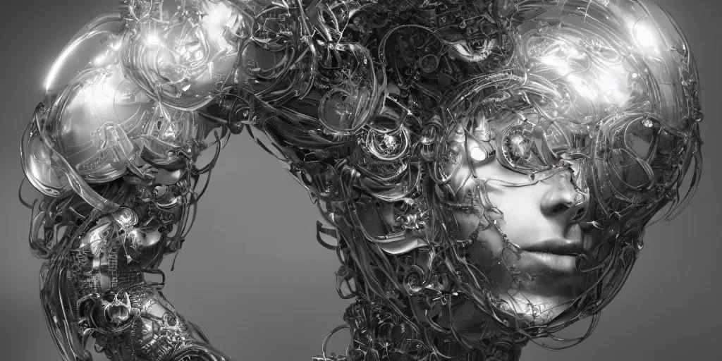 Image similar to hyperrealistic photography of a stunningly beautiful cyborg male, consciences being installed sci - fi, intimate, intricate filigree, fibonacci, in the style of beth cavener, jin kagetsu, and wlop, highly detailed, chrome face symmetry, masterpiece, award winning, sharp focus, concept art, high key, ambient lighting, 8 k, octane render,