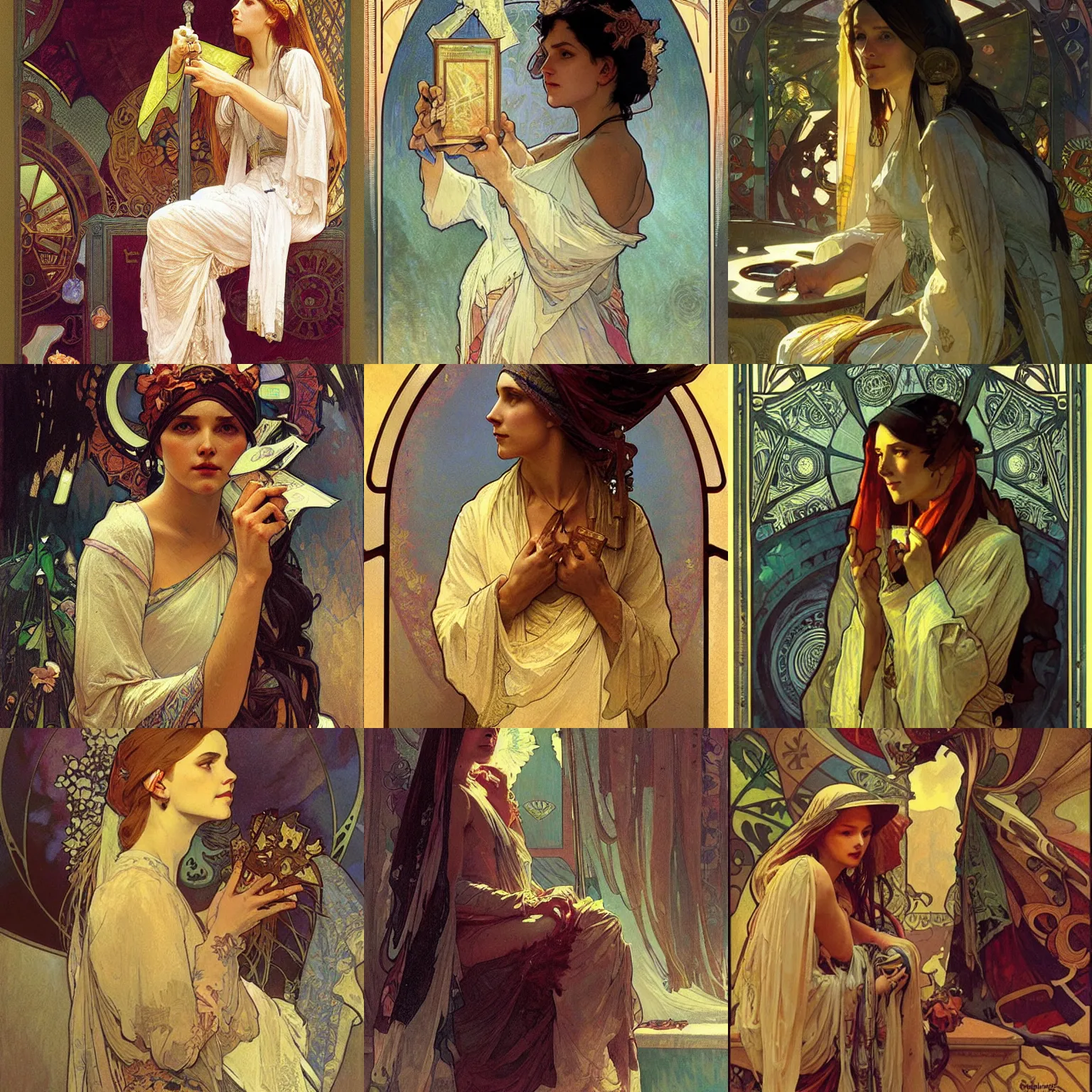 Prompt: a fortune teller, greg rutkowski, alphonse mucha