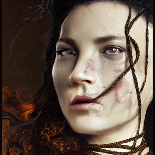 Image similar to portrait of a Shibari rope wrapped face and neck, headshot, insanely nice professional hair style, dramatic hair color, digital painting, of a old 15th century, roman soilder, amber jewels, baroque, ornate clothing, scifi, realistic, hyperdetailed, chiaroscuro, concept art, art by Franz Hals and Jon Foster and Ayami Kojima and Amano and Karol Bak,