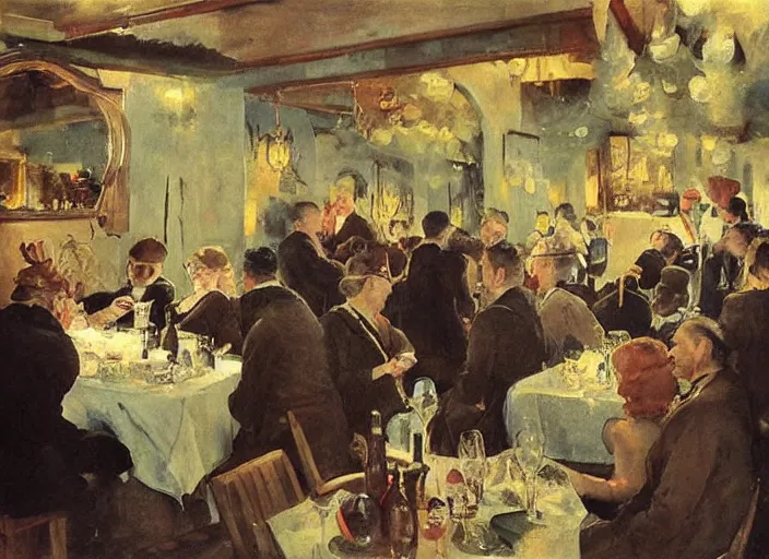 Image similar to men having dinner, singing, roaring twenties, cellar, masterpiece, torches on wall, meat, wine, schnapps, smoking cigars, scantily clad blondes, oil painting by anders zorn and carl larsson, art nouveau