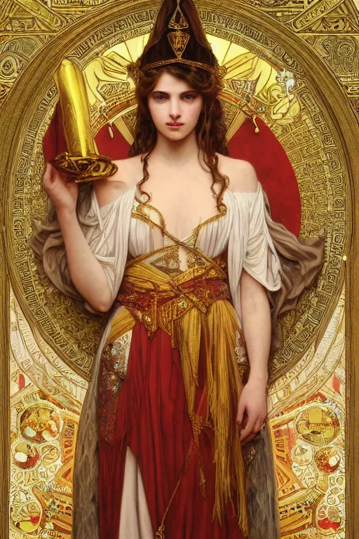 Image similar to Portrait of historically accurate, biblical, sneering, young, wicked, terrible, evil, pagan, beautiful, queen jezebel of ancient Israel, wearing gilded robes, long hair, intricate, elegant, highly detailed, masterpiece, illustration, art by artgerm and greg rutkowski and alphonse mucha and Wayne Barlowe and william-adolphe bouguereau, highly detailed, trending on artstation, award winning