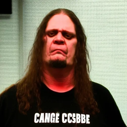 Image similar to George Fischer from cannibal corpse shows off his neck on Jerry Springer in the style of Moebius