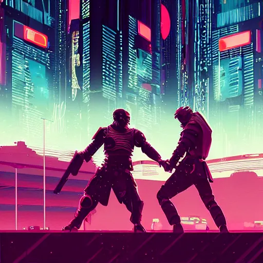 Prompt: jaime and brienne fighting side by side, cyberpunk art by james gilleard, cgsociety, retrofuturism, synthwave, retrowave, outrun