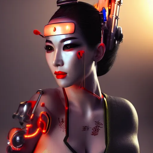 Image similar to cyberpunk geisha, full cyborg body, goddess body cinematic lighting, beautiful face, ultra detail, ultra realistic, photo realistic, octane render,