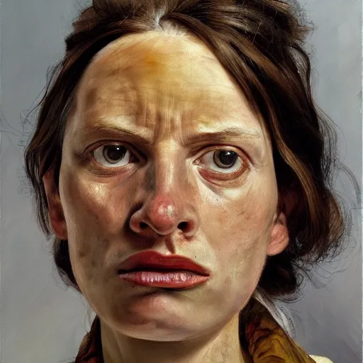 Image similar to high quality high detail painting by lucian freud, hd, angry brunette girl portrait, photorealistic lighting