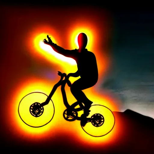 Prompt: portrait of ghost rider driving a rockrider mountain bike, dramatic lighting, realistic