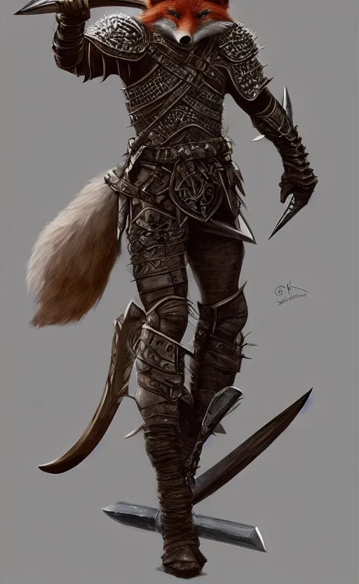 Image similar to d & d fantasy stocky fox warrior wearing leather armour, holding a scimitar and war pick, in a fantasy landscape, intricate, elegant, highly detailed, digital painting, artstation, concept art, matte, sharp focus, illustration, art by artgerm and greg rutkowski