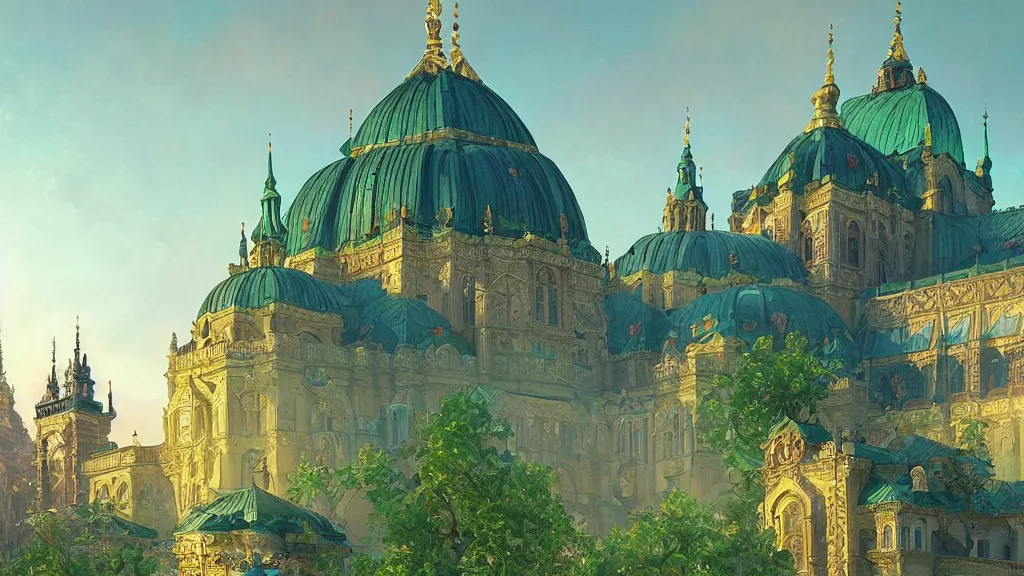 Prompt: a beautiful painting of arabian prague palace made of green, polished semiprecious malachite marble and jade at sunrise, intricate, elegant, highly detailed, digital painting, artstation, concept art, by krenz cushart and artem demura and alphonse mucha