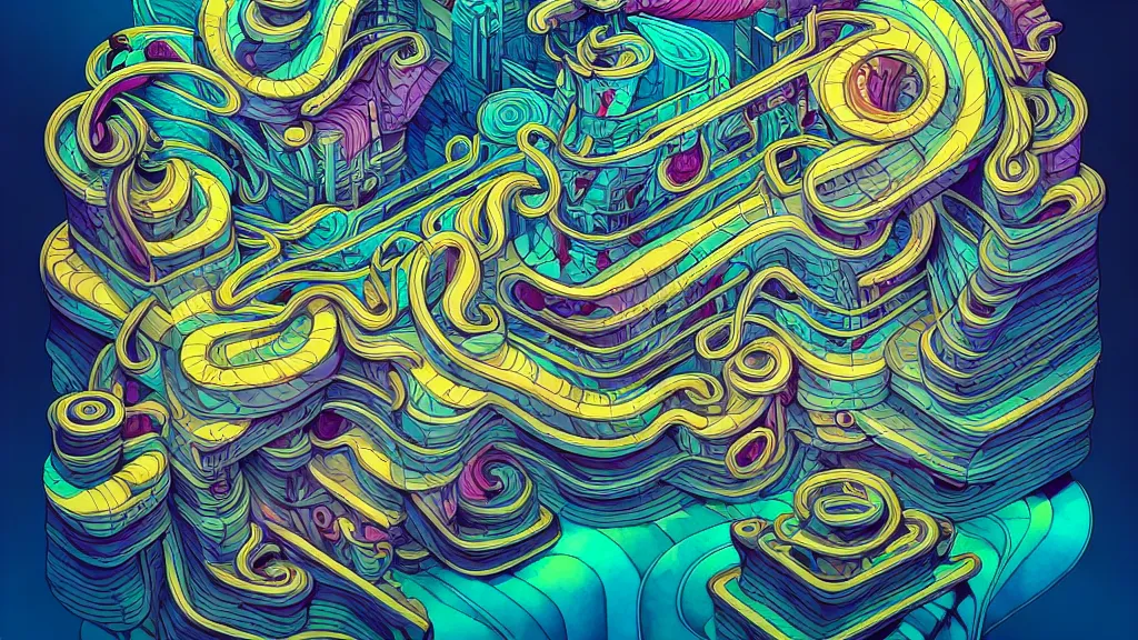 Image similar to twisted turn of fate abstraction, centered award winning ink pen illustration, isometric abstract illustration by dan mumford, edited by craola, overlay by beeple and tooth wu, tiny details by artgerm watercolor girl, symmetrically isometrically centered