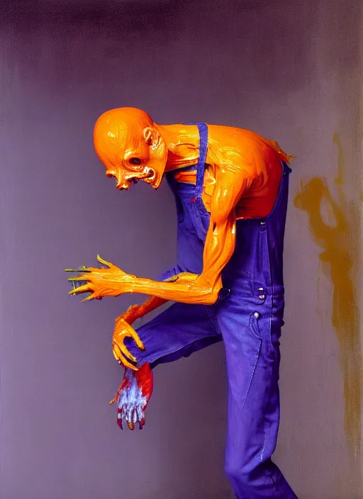 Prompt: an expressive skinny artist wearing torn orange overalls physically fighting with a ghost, inside a grand studio, depth of field, hauntingly surreal, highly detailed oil painting, by francis bacon, edward hopper, adrian ghenie, glenn brown, soft light 4 k, purple and blue colour palette, cinematic composition, cinematic lighting, high quality octane render, masterpiece