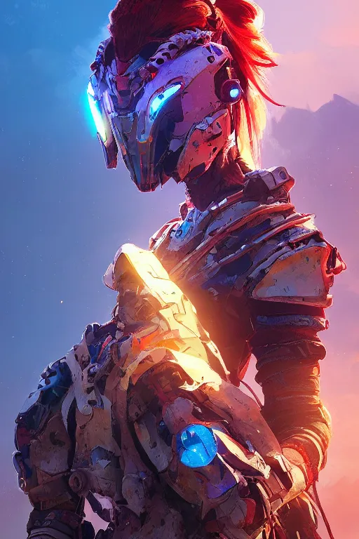 Image similar to combination suit armor aloy horizon forbidden west horizon zero dawn radiating a glowing aura global illumination ray tracing hdr fanart arstation by ian pesty and alena aenami artworks in 4 k tribal robot ninja mask helmet backpack